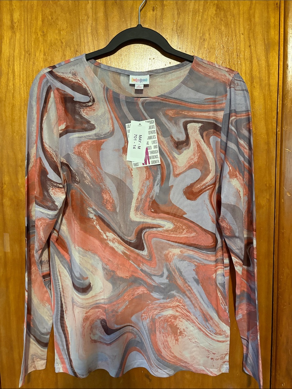 NWT LuLaRoe May Mesh Long Sleeve Marble-Print Top Purple, Gray, Burgundy Size M